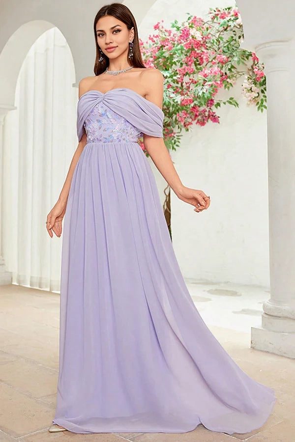 Off The Shoulder Grey Purple Floral Long Prom Dress simple gentle atmospheric and unique desi Bring summer colors to enhance whiteness