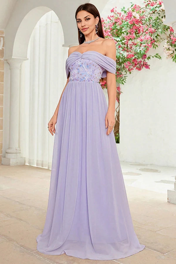 Off The Shoulder Grey Purple Floral Long Prom Dress simple gentle atmospheric and unique desi Bring summer colors to enhance whiteness