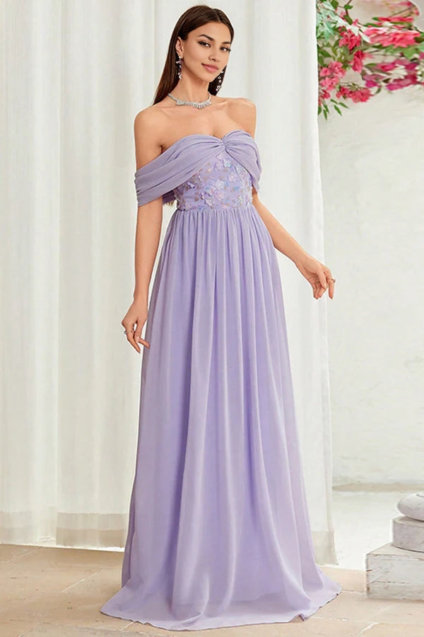 Off The Shoulder Grey Purple Floral Long Prom Dress simple gentle atmospheric and unique desi Bring summer colors to enhance whiteness