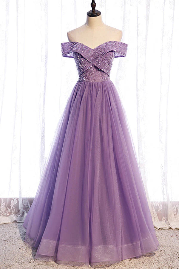 Off The Shoulder Organza Long Prom Dress Beaded Evening Dress simple gentle atmospheric and unique desi Bring summer colors to enhance whiteness