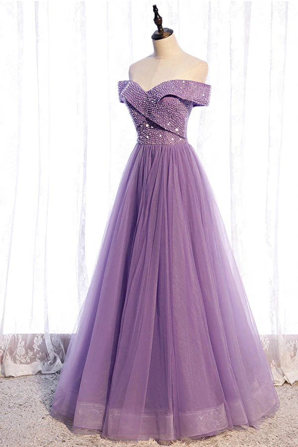 Off The Shoulder Organza Long Prom Dress Beaded Evening Dress simple gentle atmospheric and unique desi Bring summer colors to enhance whiteness