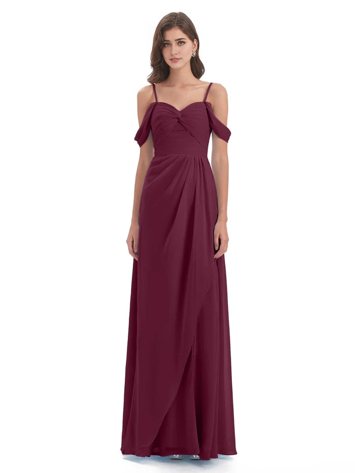 Off The Shoulder Spaghetti Straps Chiffon Bridesmaid Dresses simple gentle atmospheric and unique desi Bring summer colors to enhance whiteness