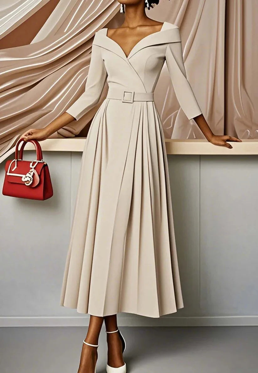 Off White Pleated Ruched Three Quarter Sleeve A-Line Maxi Dress simple gentle atmospheric and unique desi Bring summer colors to enhance whiteness