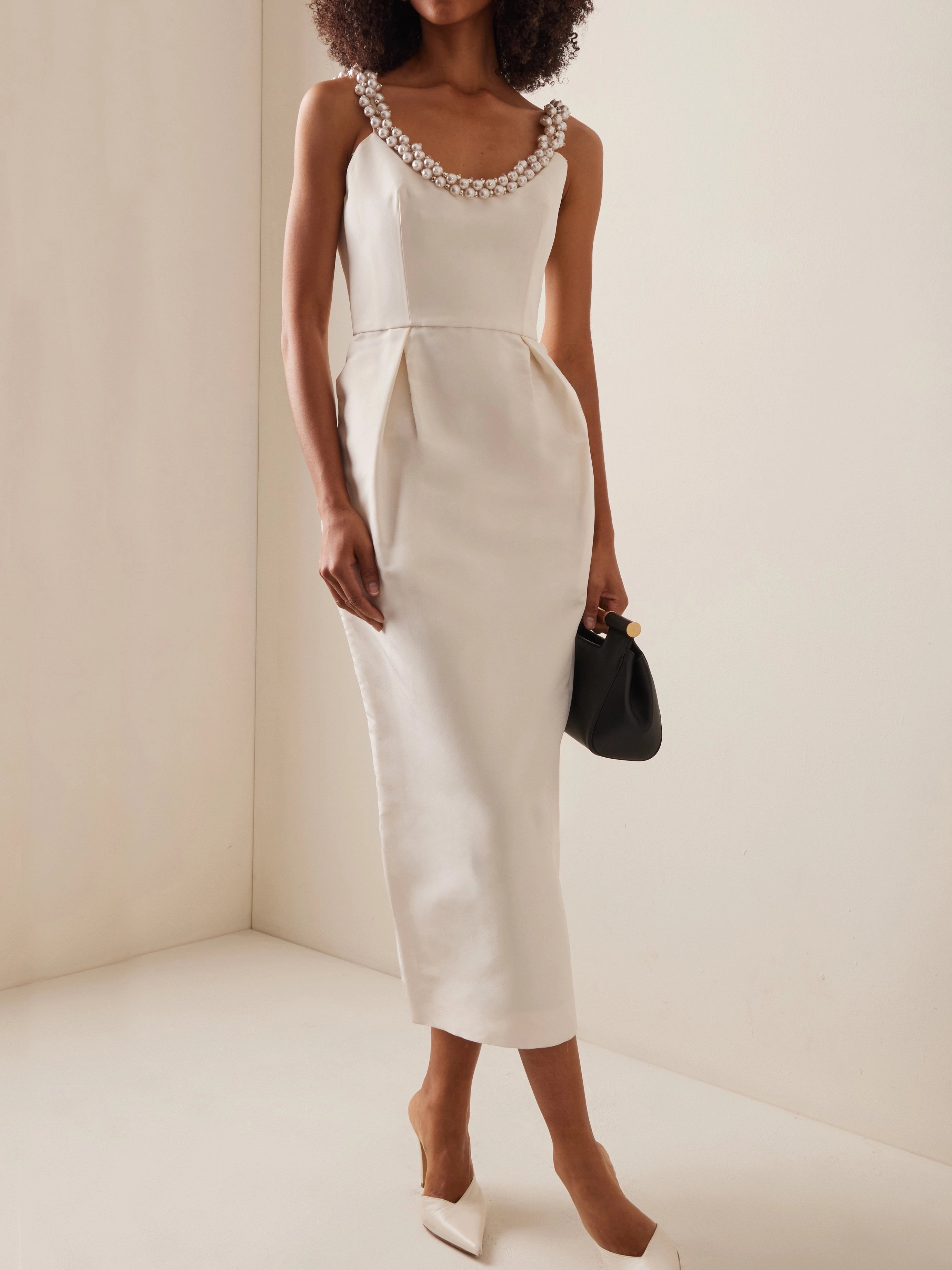 Off White SpaghettiImitation Pearls Sheath Midi Dress simple gentle atmospheric and unique desi Bring summer colors to enhance whiteness ﻿