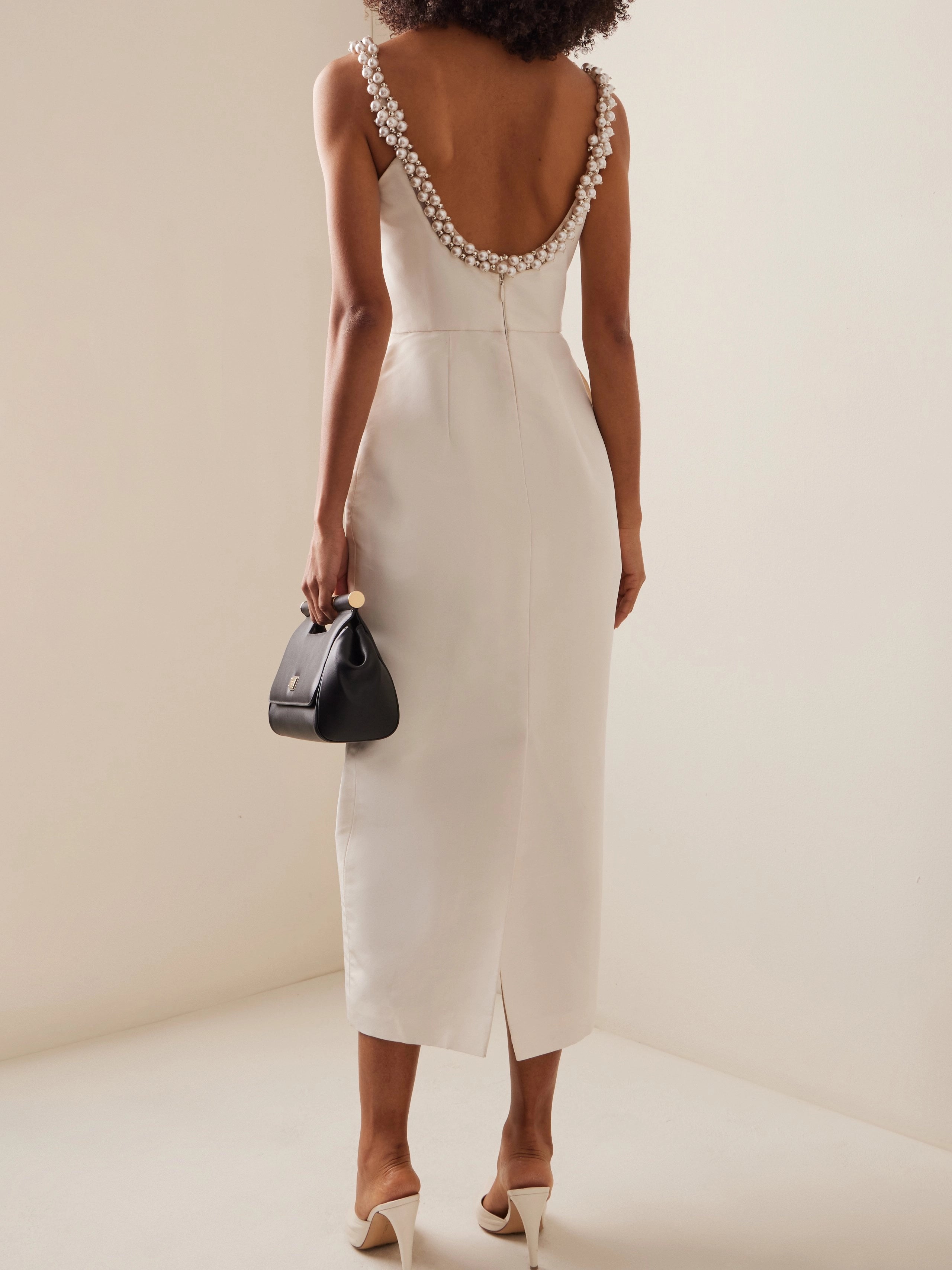 Off White SpaghettiImitation Pearls Sheath Midi Dress simple gentle atmospheric and unique desi Bring summer colors to enhance whiteness ﻿