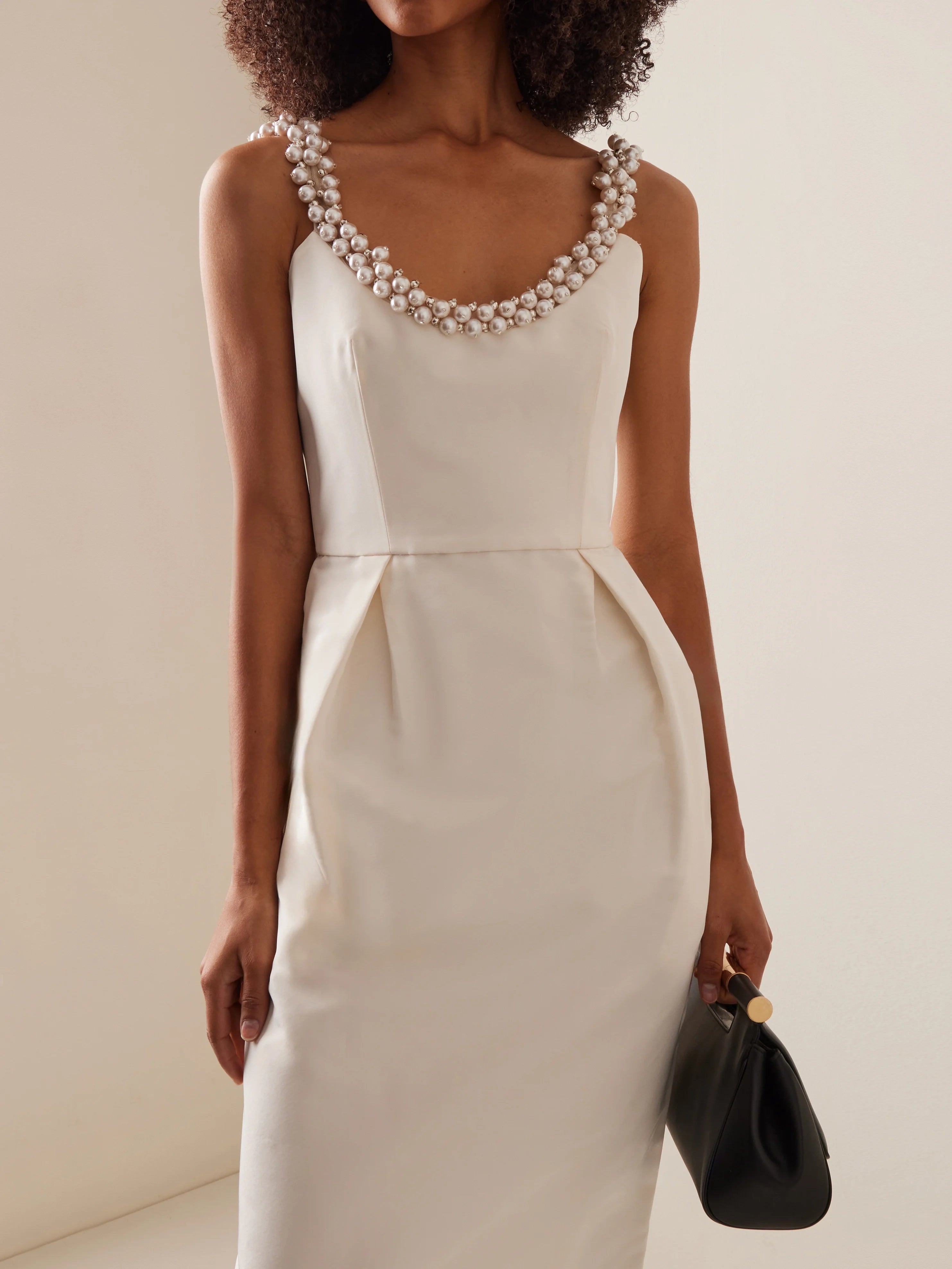 Off White SpaghettiImitation Pearls Sheath Midi Dress simple gentle atmospheric and unique desi Bring summer colors to enhance whiteness ﻿