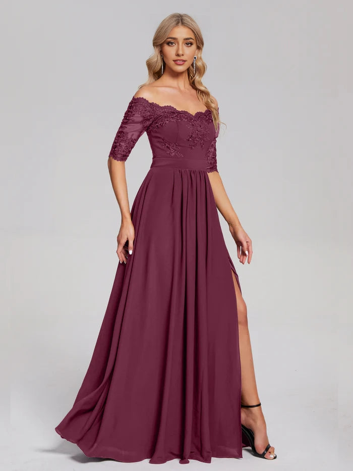 Off the Shoulder Appliqued Lace Chiffon Bridesmaid Dress simple gentle atmospheric and unique desi Bring summer colors to enhance whiteness