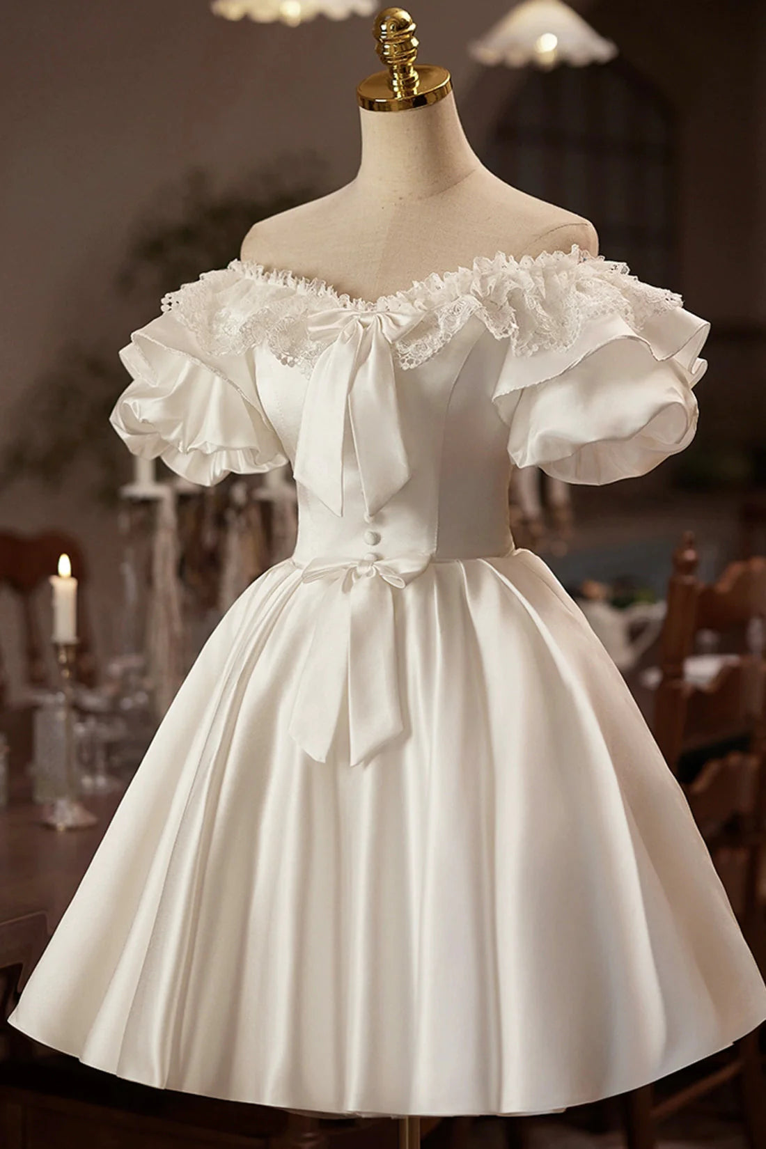 Off the Shoulder Lace Short Prom Dress  A-Line Satin Knee Length Party Dress simple gentle atmospheric and unique desi Bring summer