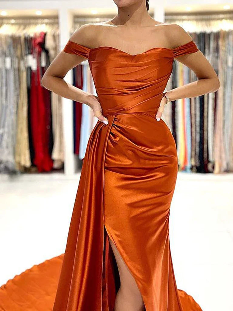 Off the Shoulder Orange Satin Prom Dresses Orange Off Shoulder Satin Formal Evening Dresses simple gentle atmospheric and unique desi Bring summer colors to enhance whitenes