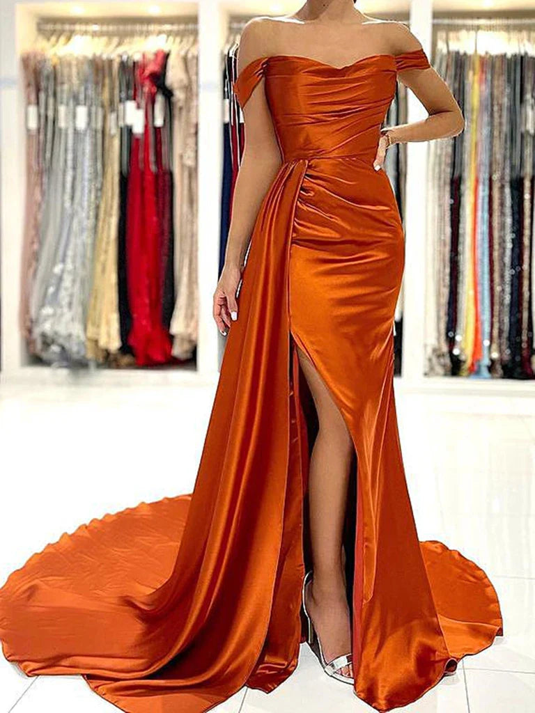 Off the Shoulder Orange Satin Prom Dresses Orange Off Shoulder Satin Formal Evening Dresses simple gentle atmospheric and unique desi Bring summer colors to enhance whitenes