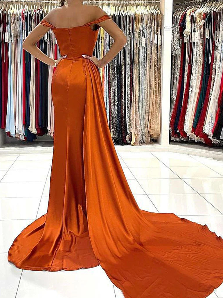 Off the Shoulder Orange Satin Prom Dresses Orange Off Shoulder Satin Formal Evening Dresses simple gentle atmospheric and unique desi Bring summer colors to enhance whitenes