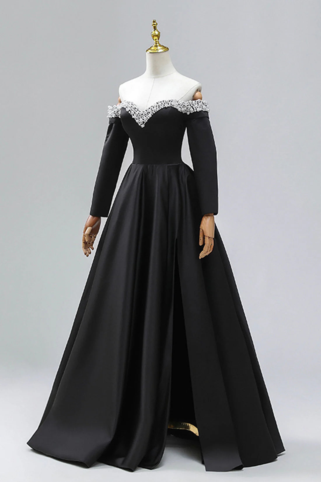 Off the Shoulder Pearls Long Sleeve Prom Dress  A-Line Evening Party Dress with Slit simple gentle atmospheric and unique desi Bring summer