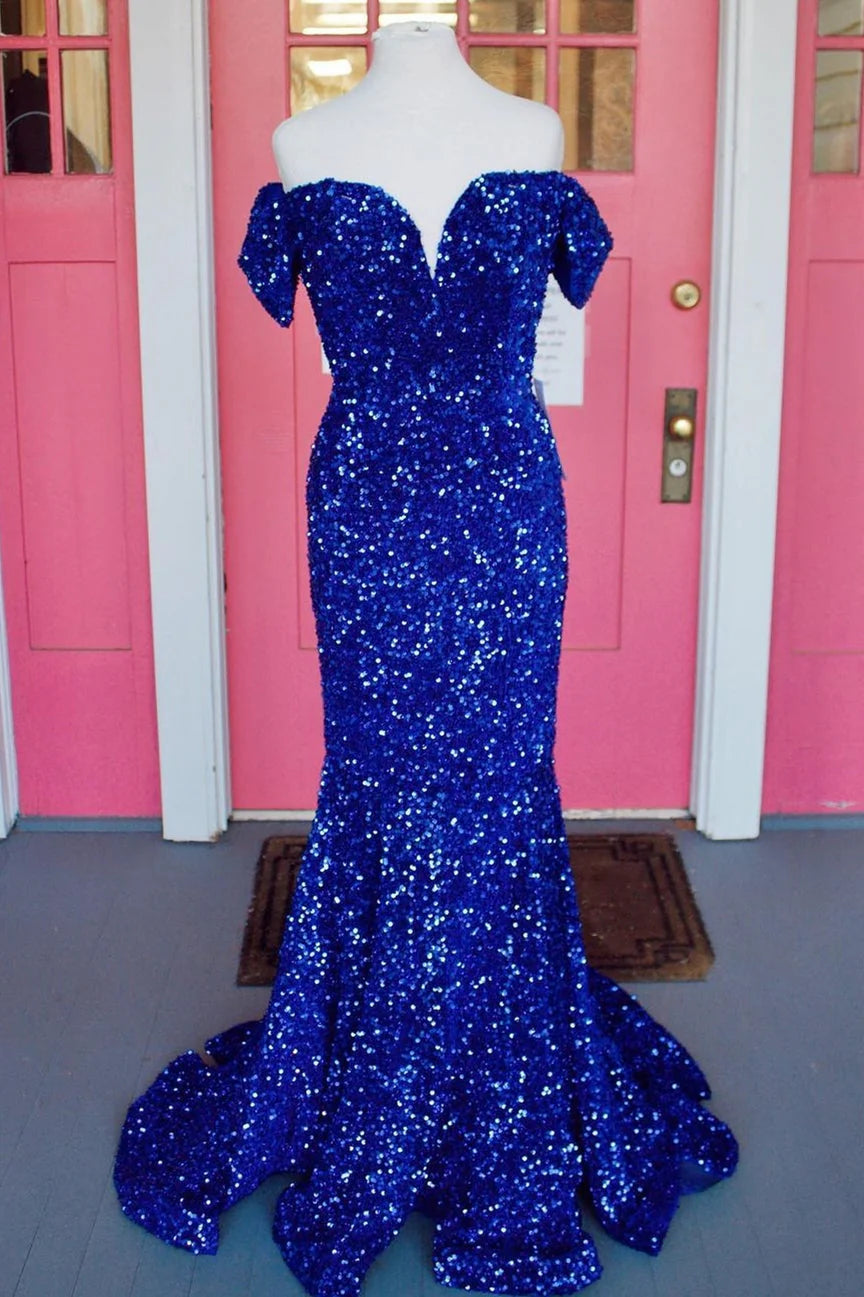 Off the Shoulder Royal Blue Sequins Mermaid Long Formal Dress Prom Dresses simple gentle atmospheric and unique desi Bring summer colors to enhance whiteness