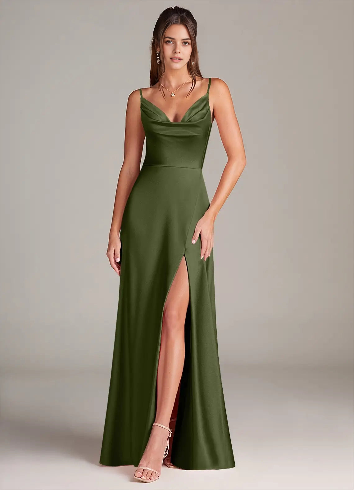 Olive Green Cowl Neck Spaghetti Strap Maxi Dress with Side Slit A-Line with Pockets Metallic Satin Dress Bridesmaid Dresses
