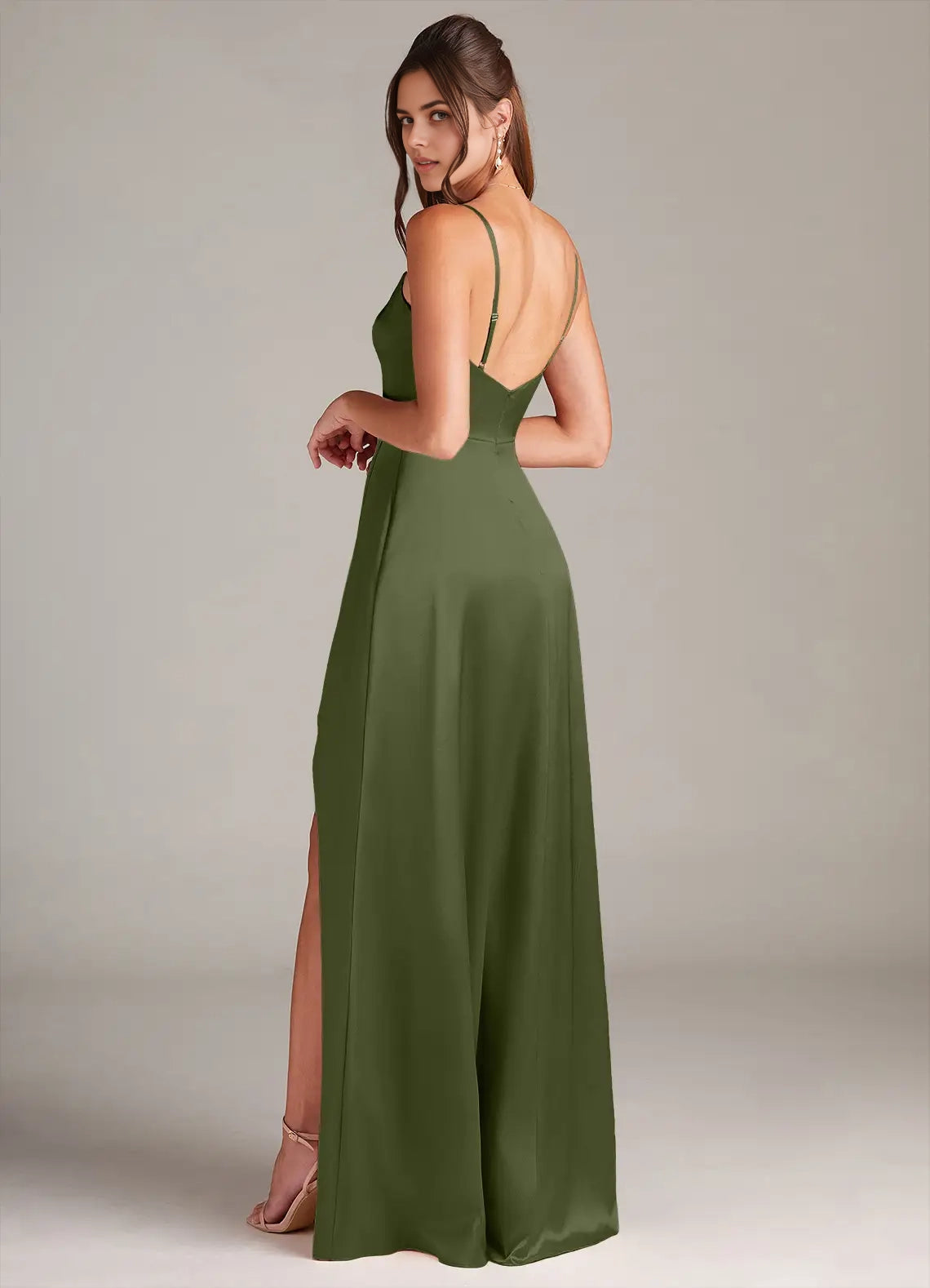 Olive Green Cowl Neck Spaghetti Strap Maxi Dress with Side Slit A-Line with Pockets Metallic Satin Dress Bridesmaid Dresses