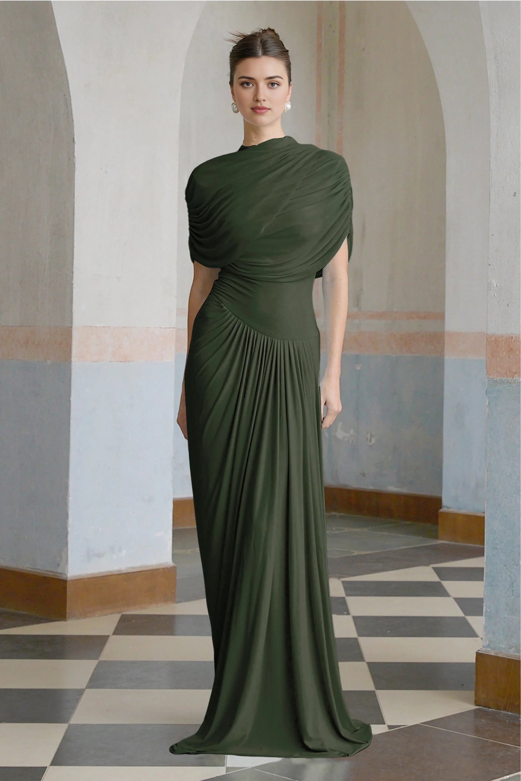Olive Green Draped One - Shoulder Maxi Dress asymmetrical pleated maxi dress in Green Evening Dress