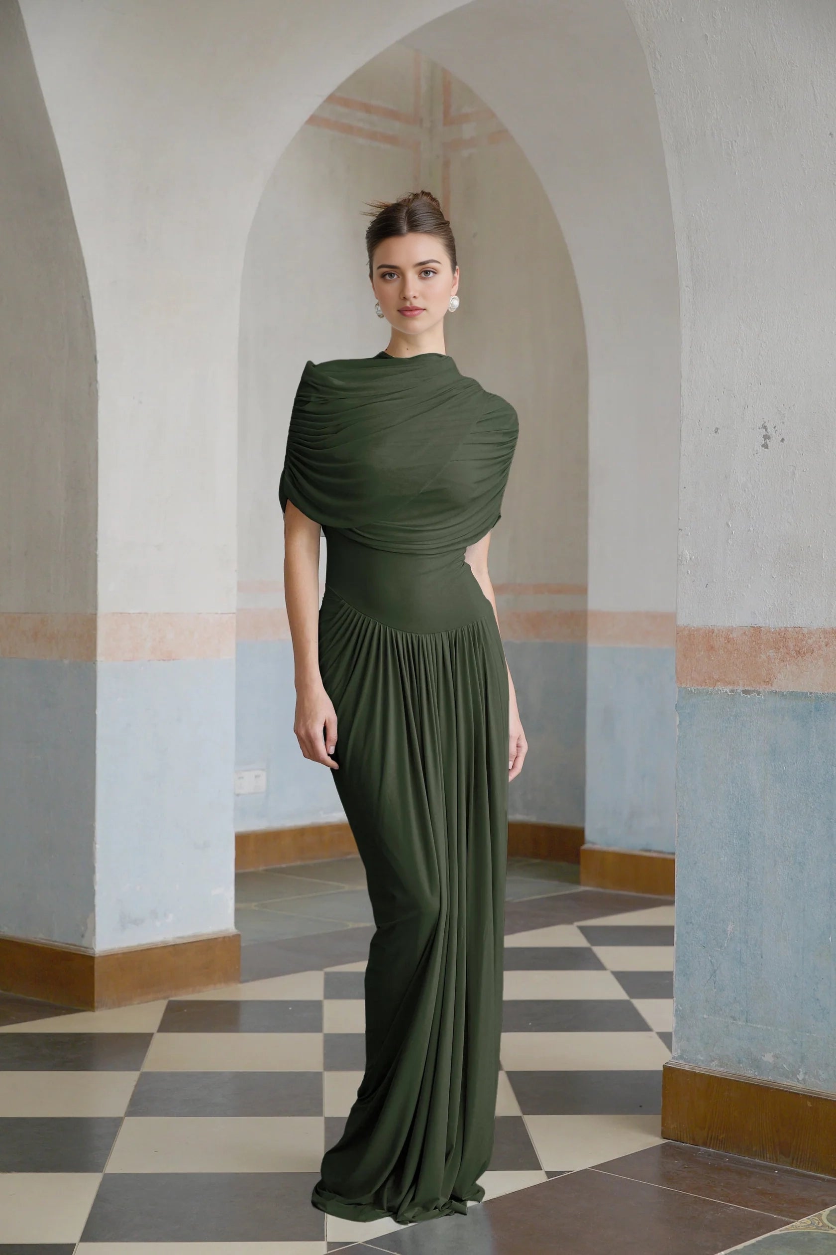 Olive Green Draped One - Shoulder Maxi Dress asymmetrical pleated maxi dress in Green Evening Dress