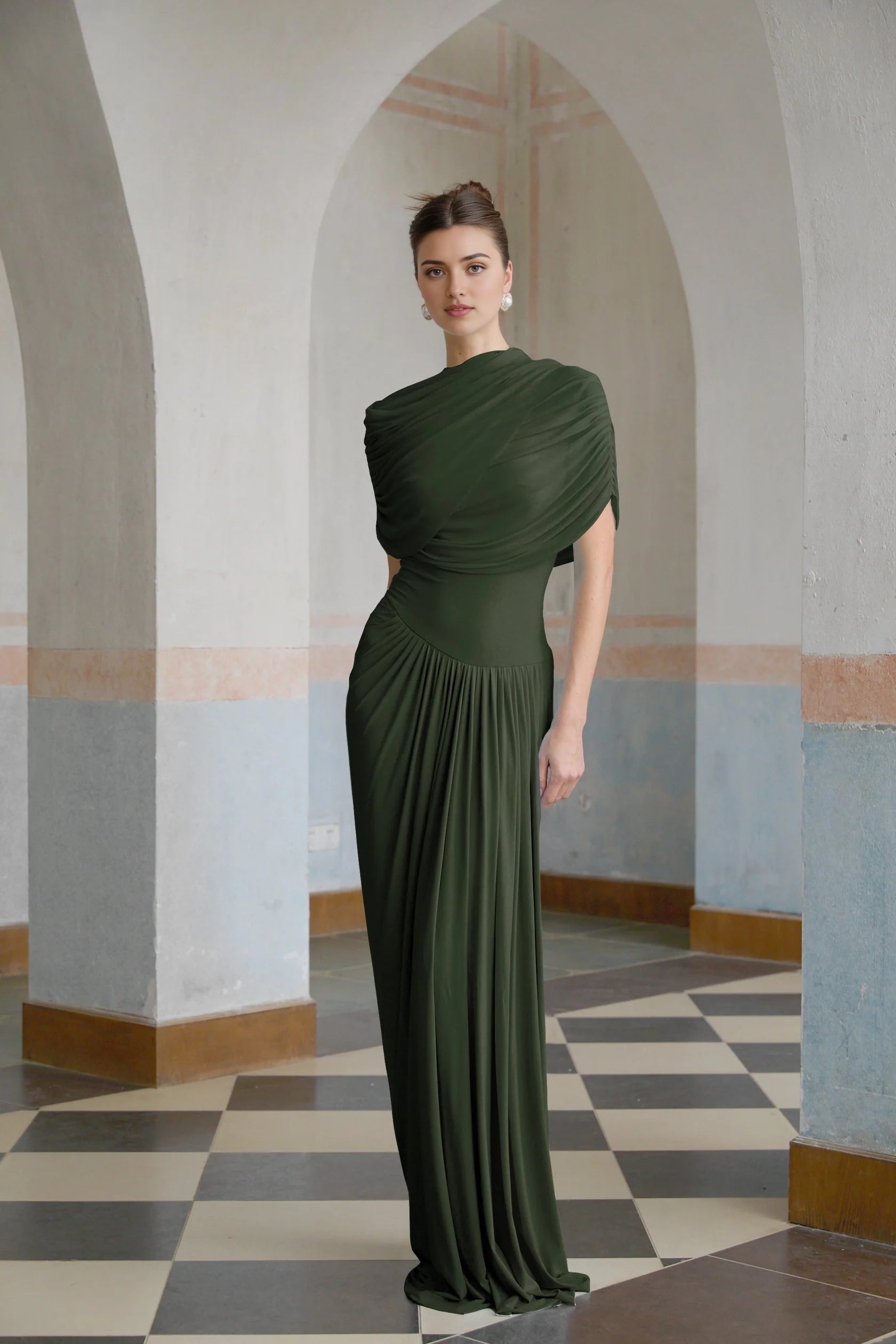 Olive Green Draped One - Shoulder Maxi Dress asymmetrical pleated maxi dress in Green Evening Dress