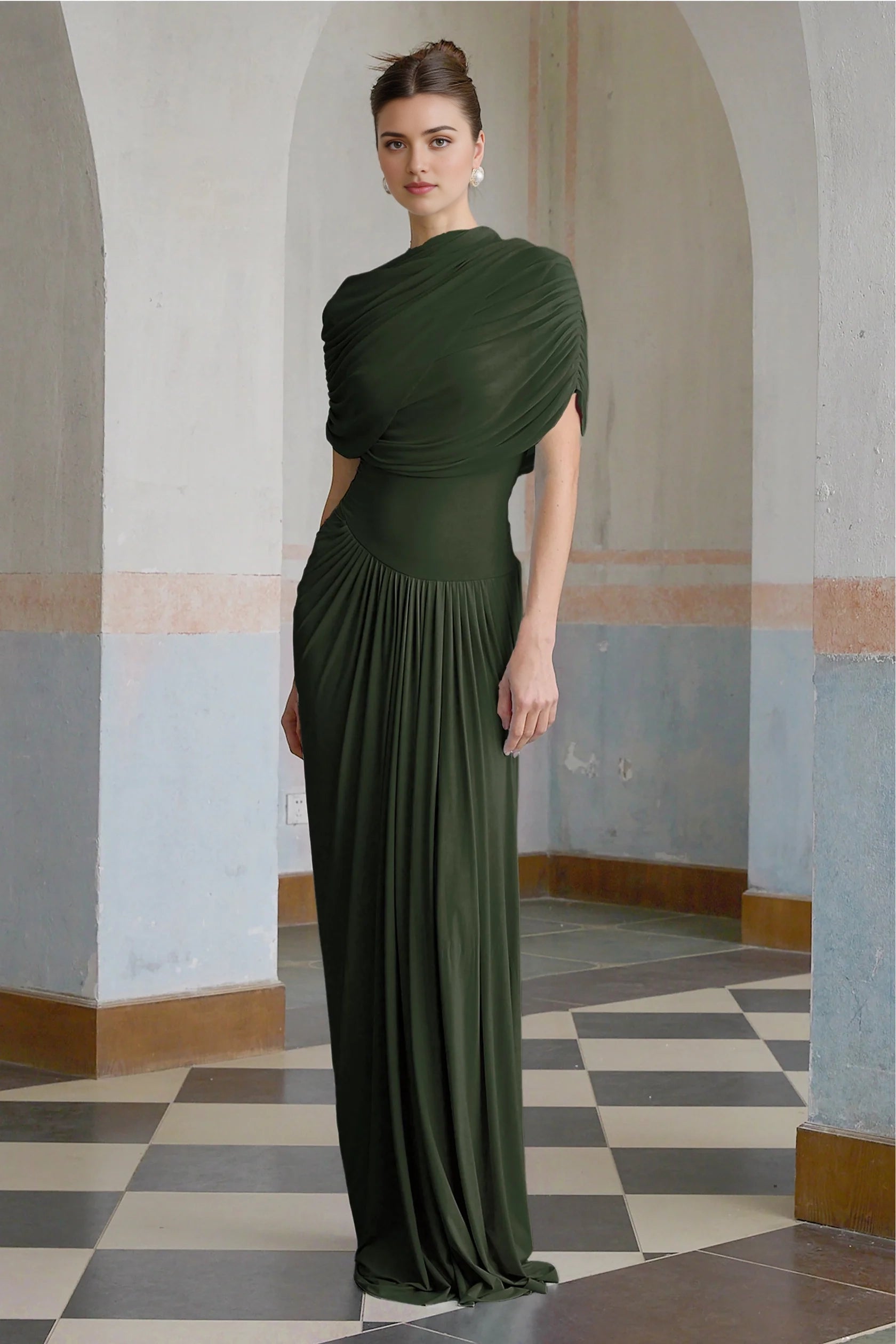 Olive Green Draped One - Shoulder Maxi Dress asymmetrical pleated maxi dress in Green Evening Dress