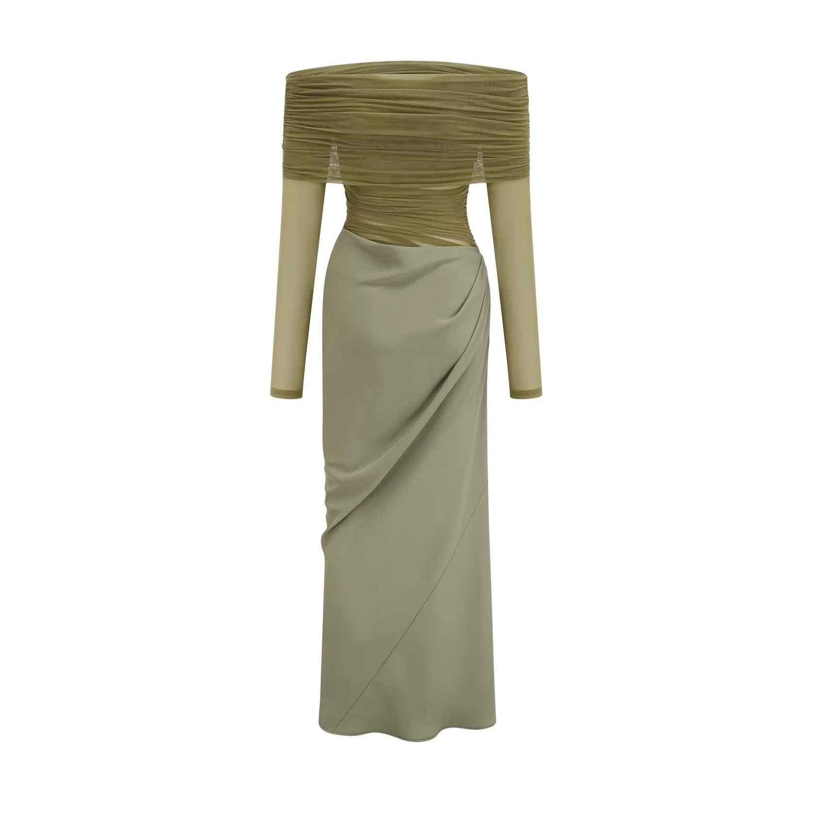 Olive Green Off - Shoulder Mesh Maxi Dress with Cutout Detail Estelle off-shoulder semi-sheer midi dress in Green Evening Dress