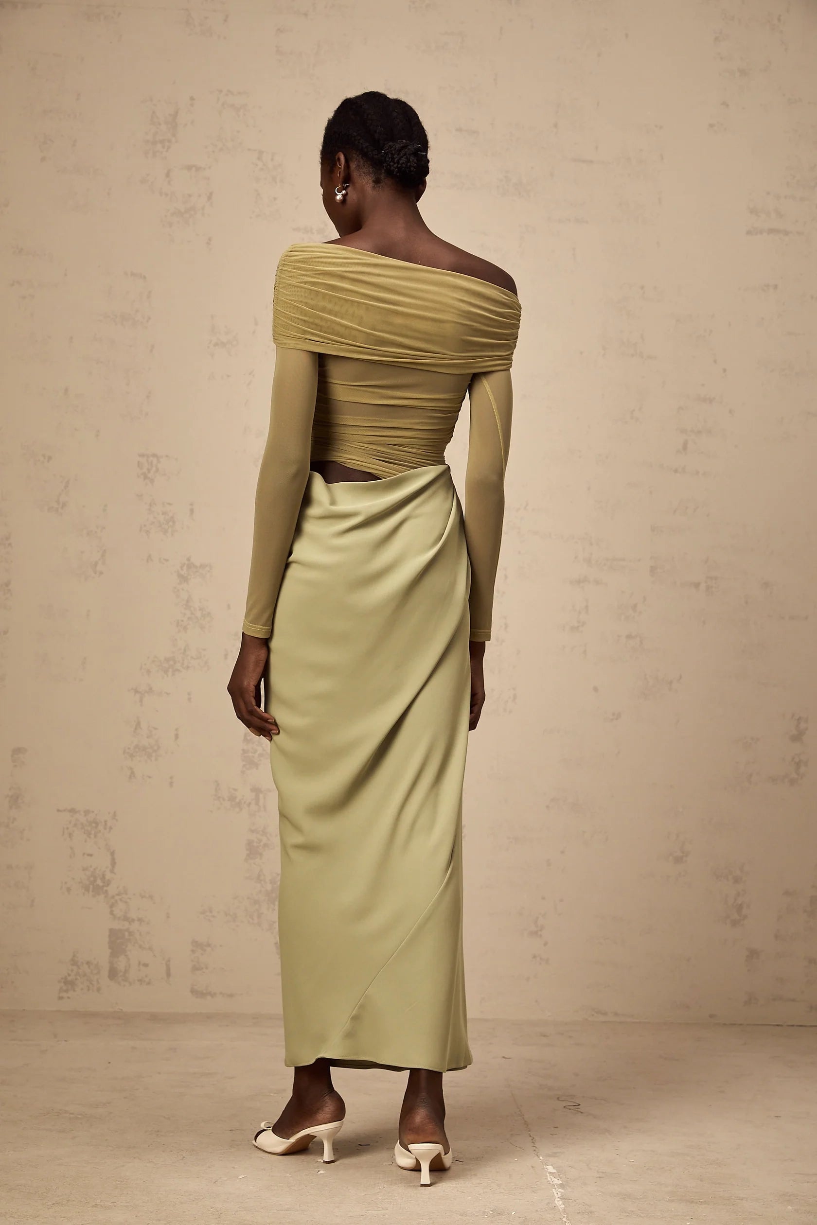 Olive Green Off - Shoulder Mesh Maxi Dress with Cutout Detail Estelle off-shoulder semi-sheer midi dress in Green Evening Dress