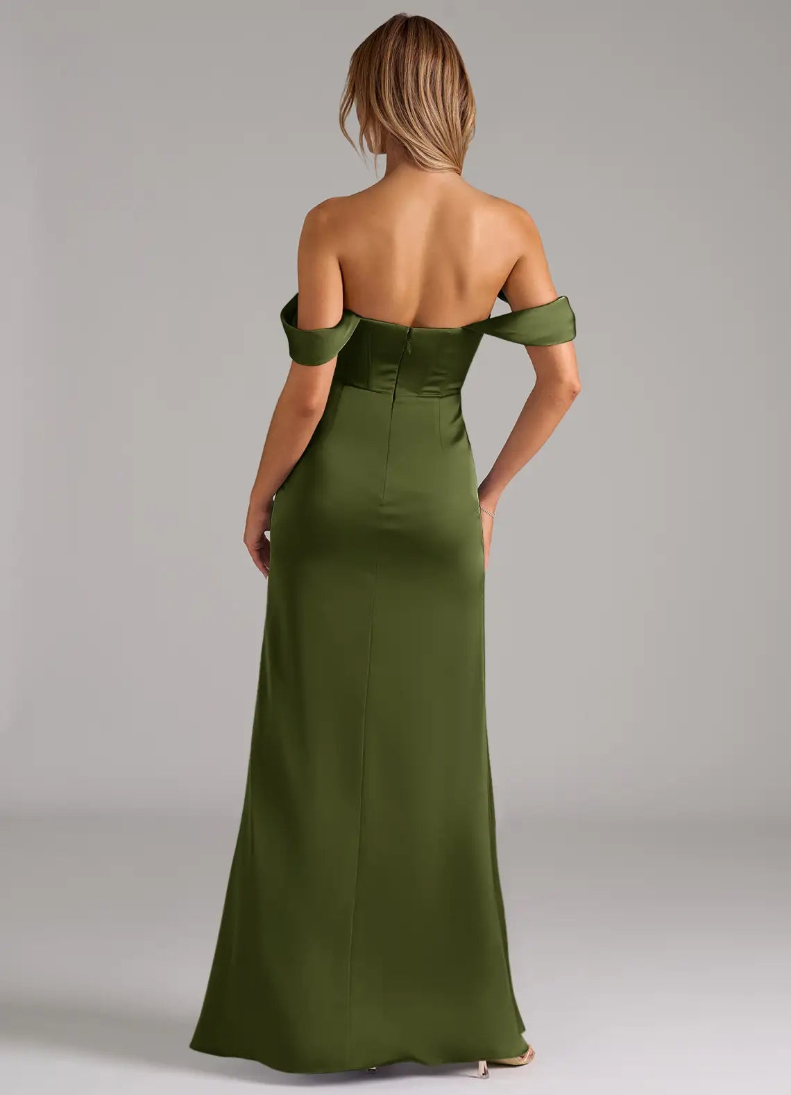Olive Green Off-Shoulder Satin Maxi Dress with Side Slit Olive Mermaid Off the Shoulder Stretch Satin Convertible Dress Bridesmaid Dresses