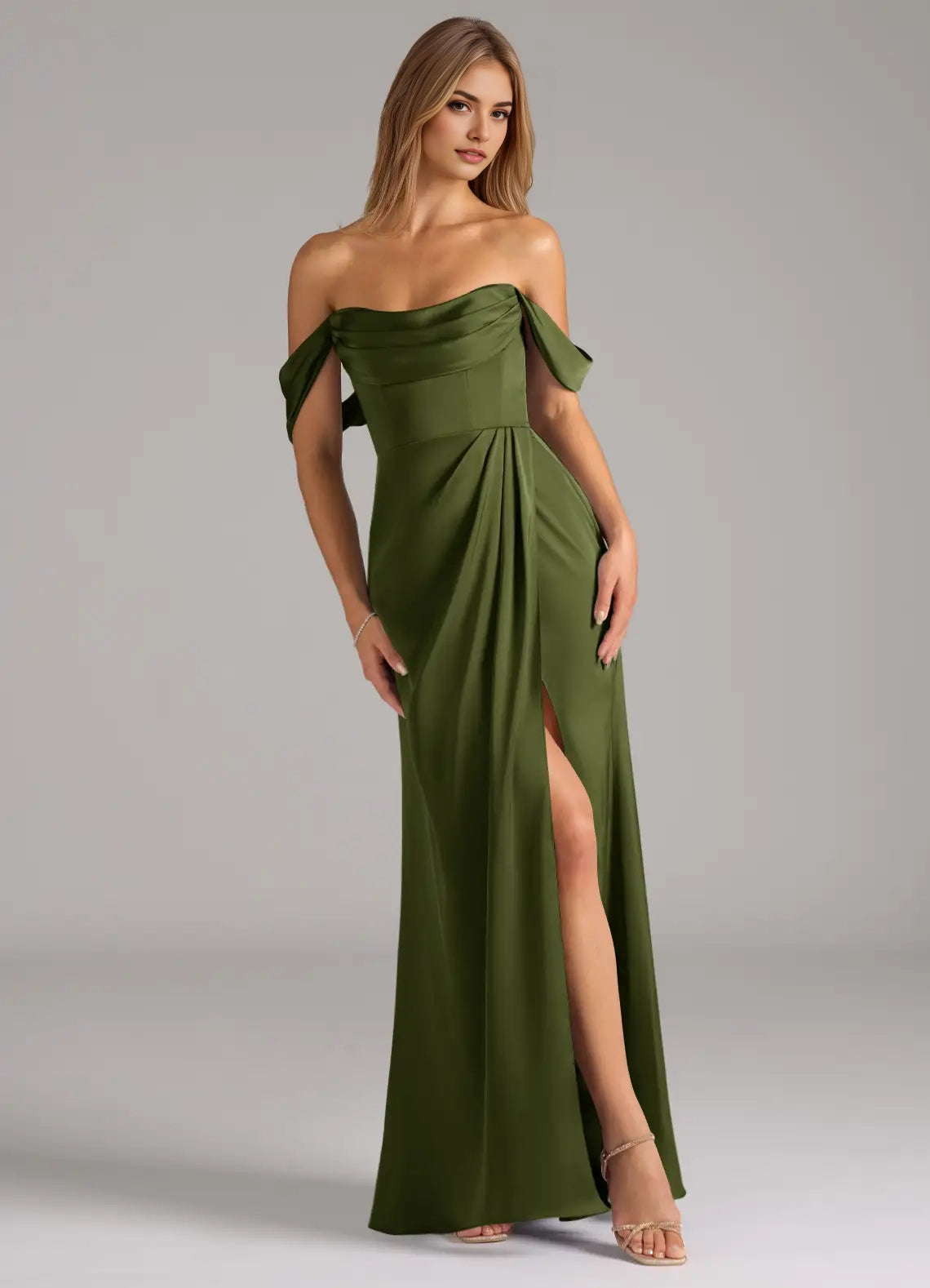 Olive Green Off-Shoulder Satin Maxi Dress with Side Slit Olive Mermaid Off the Shoulder Stretch Satin Convertible Dress Bridesmaid Dresses
