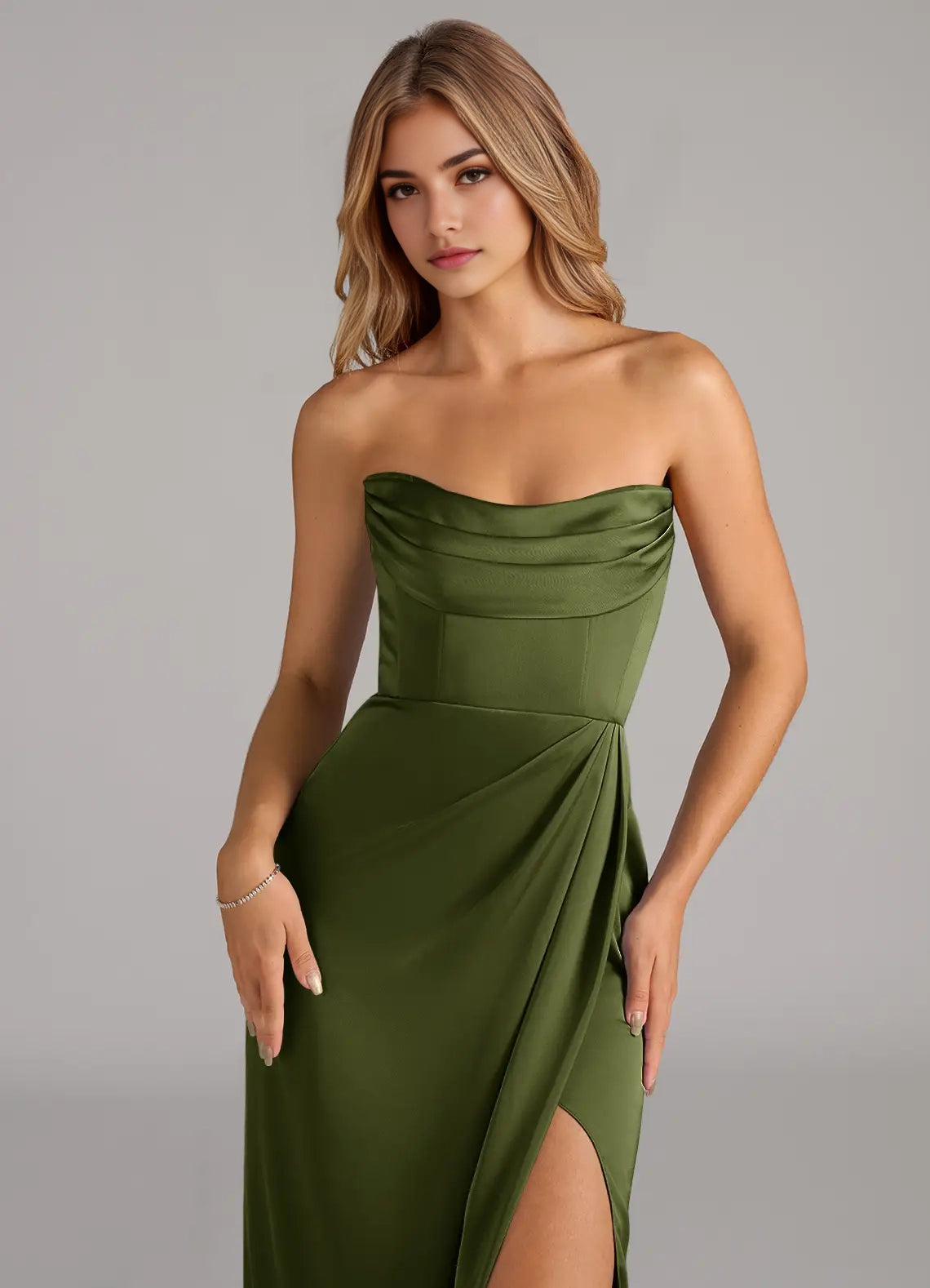 Olive Green Off-Shoulder Satin Maxi Dress with Side Slit Olive Mermaid Off the Shoulder Stretch Satin Convertible Dress Bridesmaid Dresses