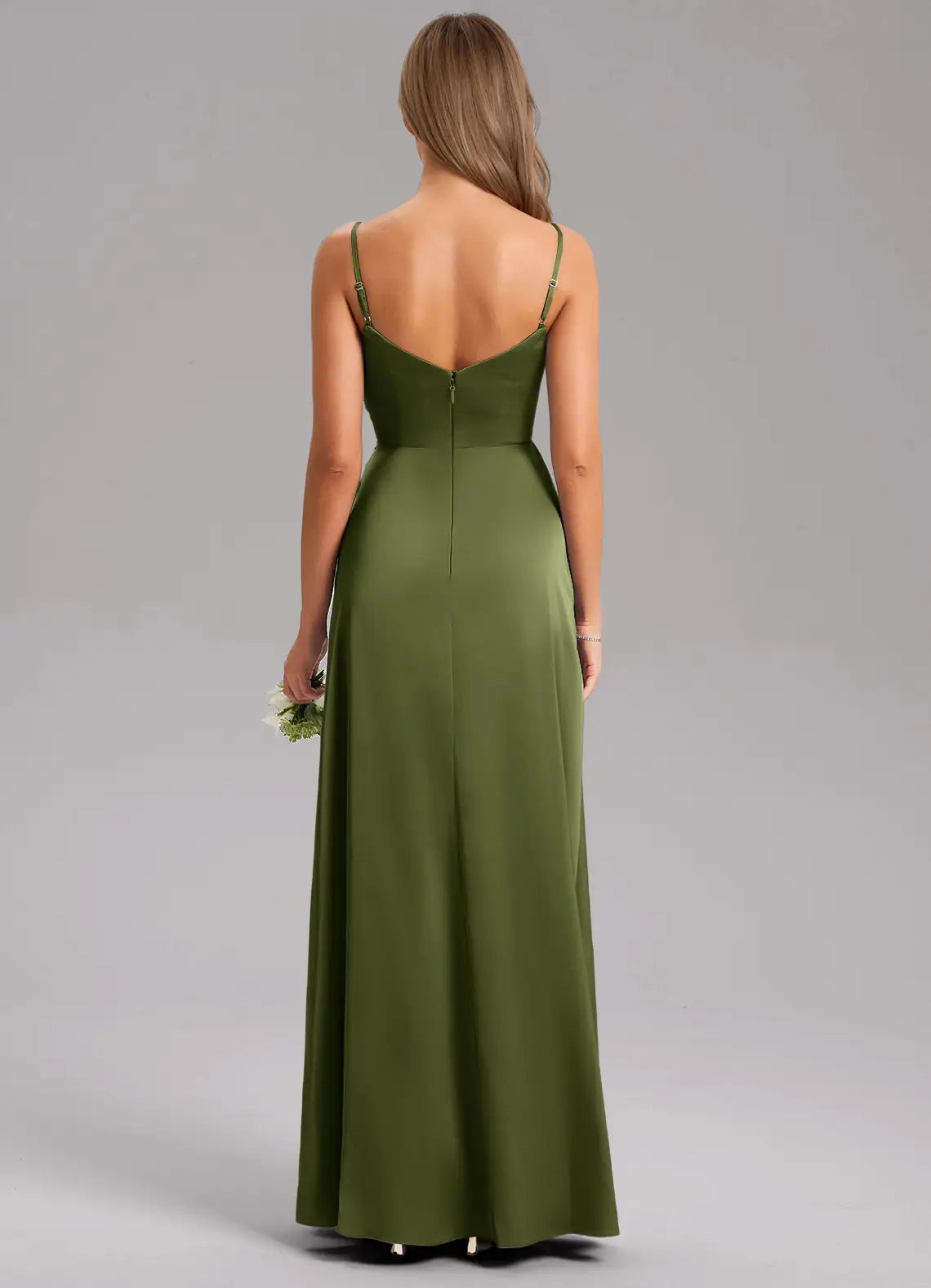 Olive Green Satin Spaghetti Strap Maxi Dress with Side Slit A-Line Pleated Stretch Satin Dress Bridesmaid Dresses