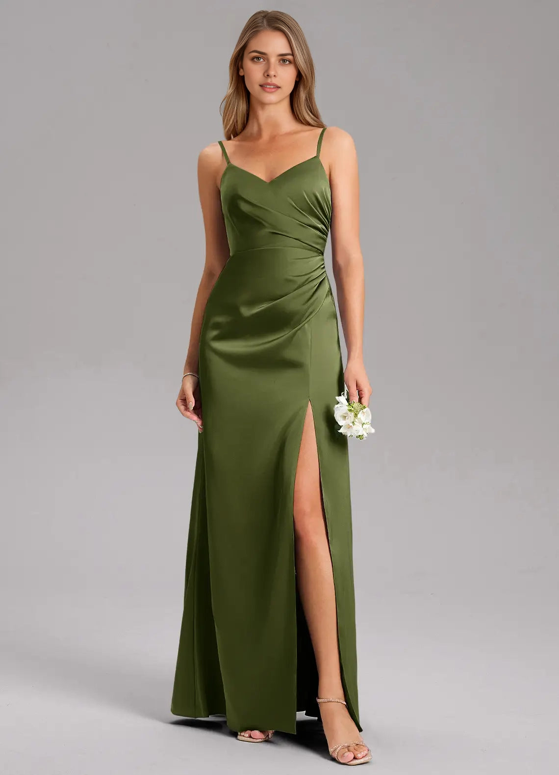 Olive Green Satin Spaghetti Strap Maxi Dress with Side Slit A-Line Pleated Stretch Satin Dress Bridesmaid Dresses