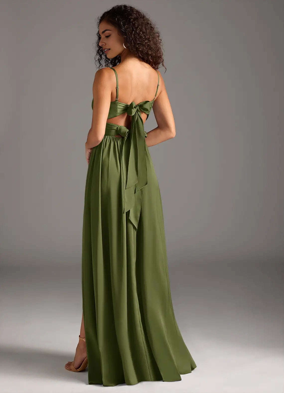 Olive Green Twist Front Maxi Dress with Side Slit and Back Bow Olive A-Line Pleated Stretch Satin Dress Bridesmaid Dresses
