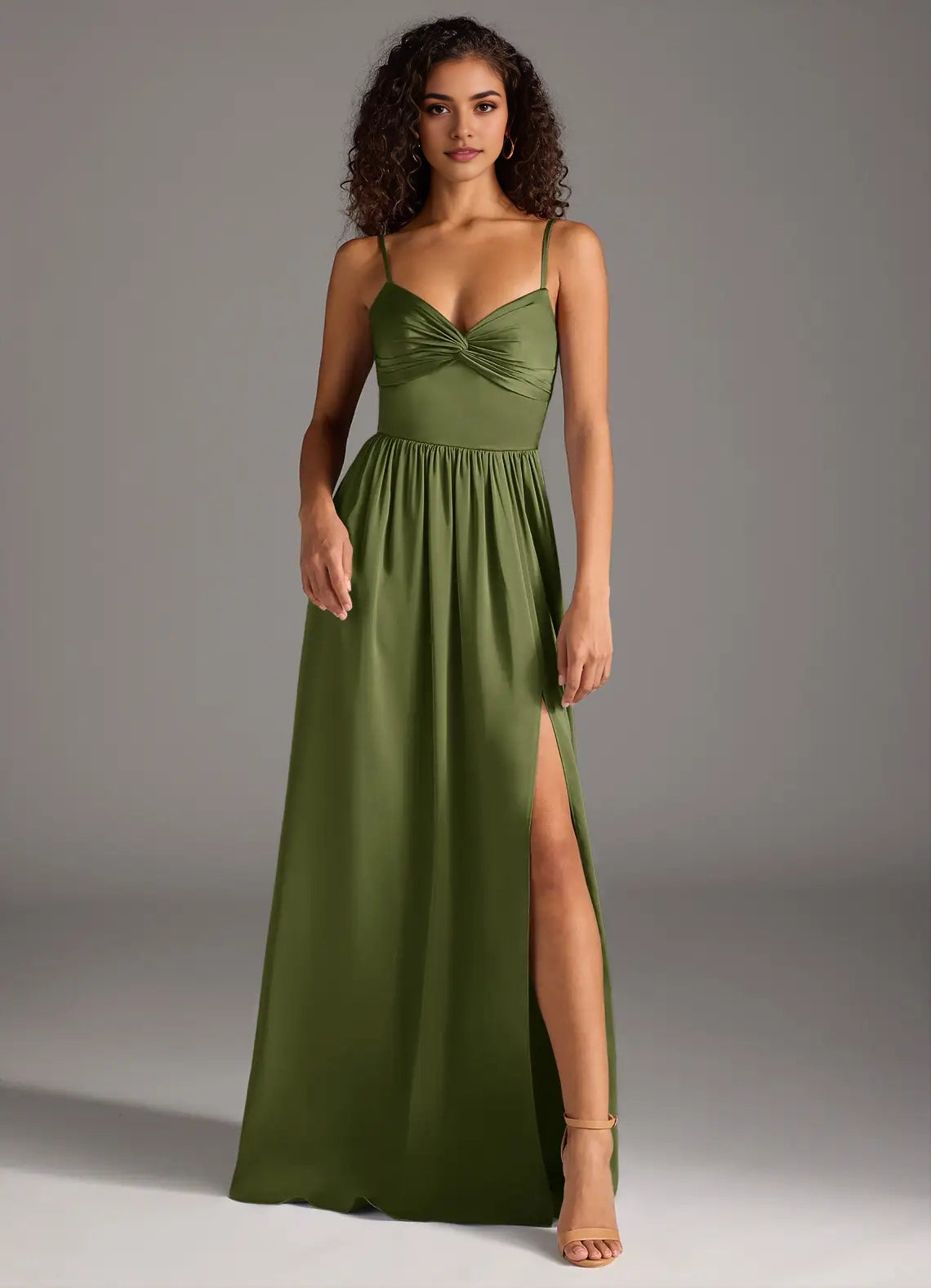 Olive Green Twist Front Maxi Dress with Side Slit and Back Bow Olive A-Line Pleated Stretch Satin Dress Bridesmaid Dresses