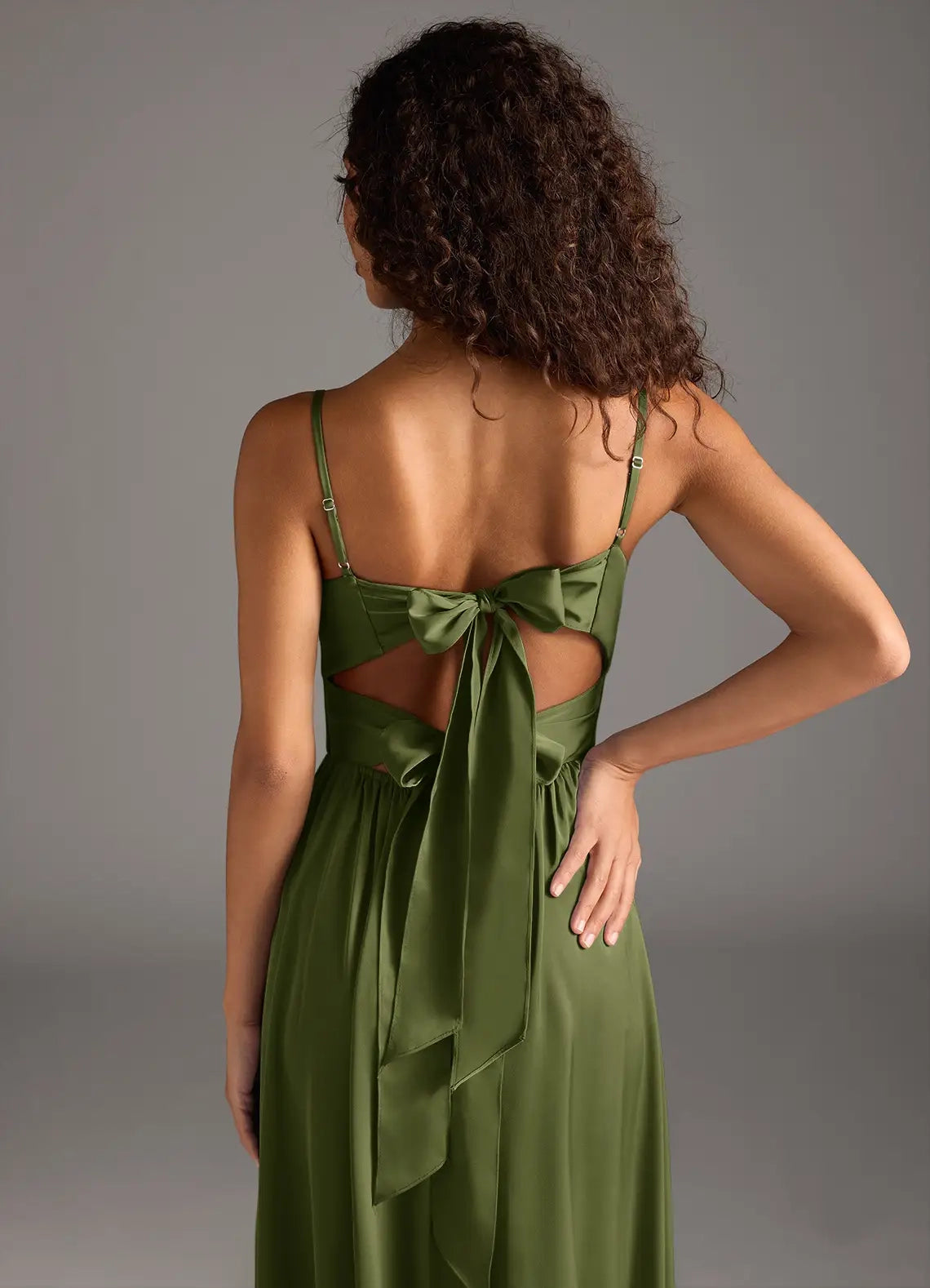 Olive Green Twist Front Maxi Dress with Side Slit and Back Bow Olive A-Line Pleated Stretch Satin Dress Bridesmaid Dresses