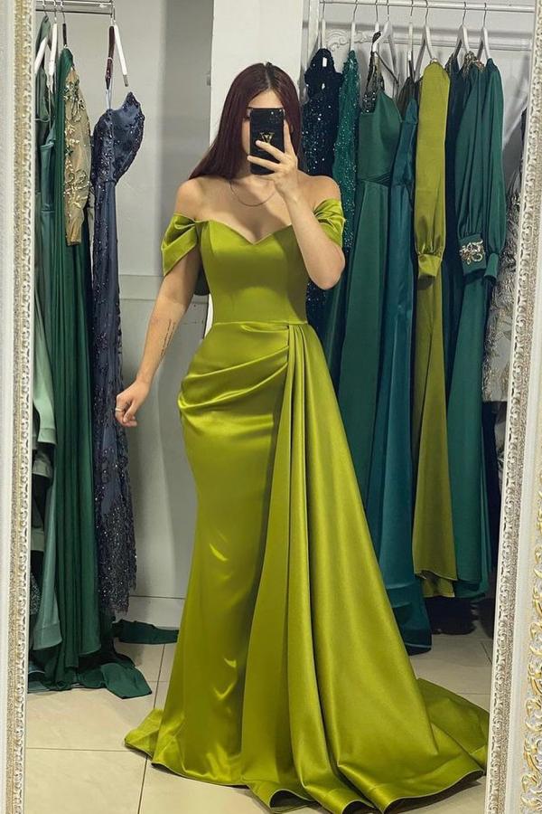 Olive Green Off-the-Shoulder Prom Dress mermaid With Ruffle Simple gentle atmospheric and unique design