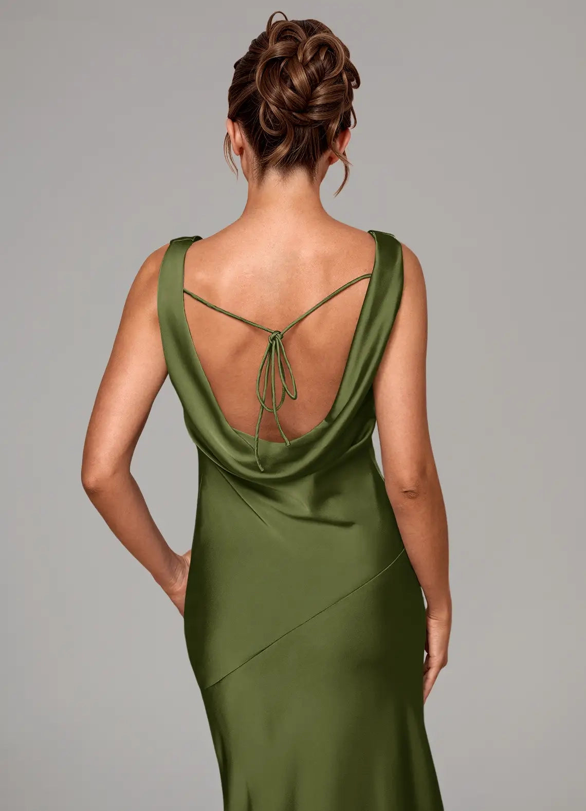 Olive Green Satin Cowl Neck Mermaid Maxi Dress Olive Mermaid Stretch Satin Dress Bridesmaid Dresses