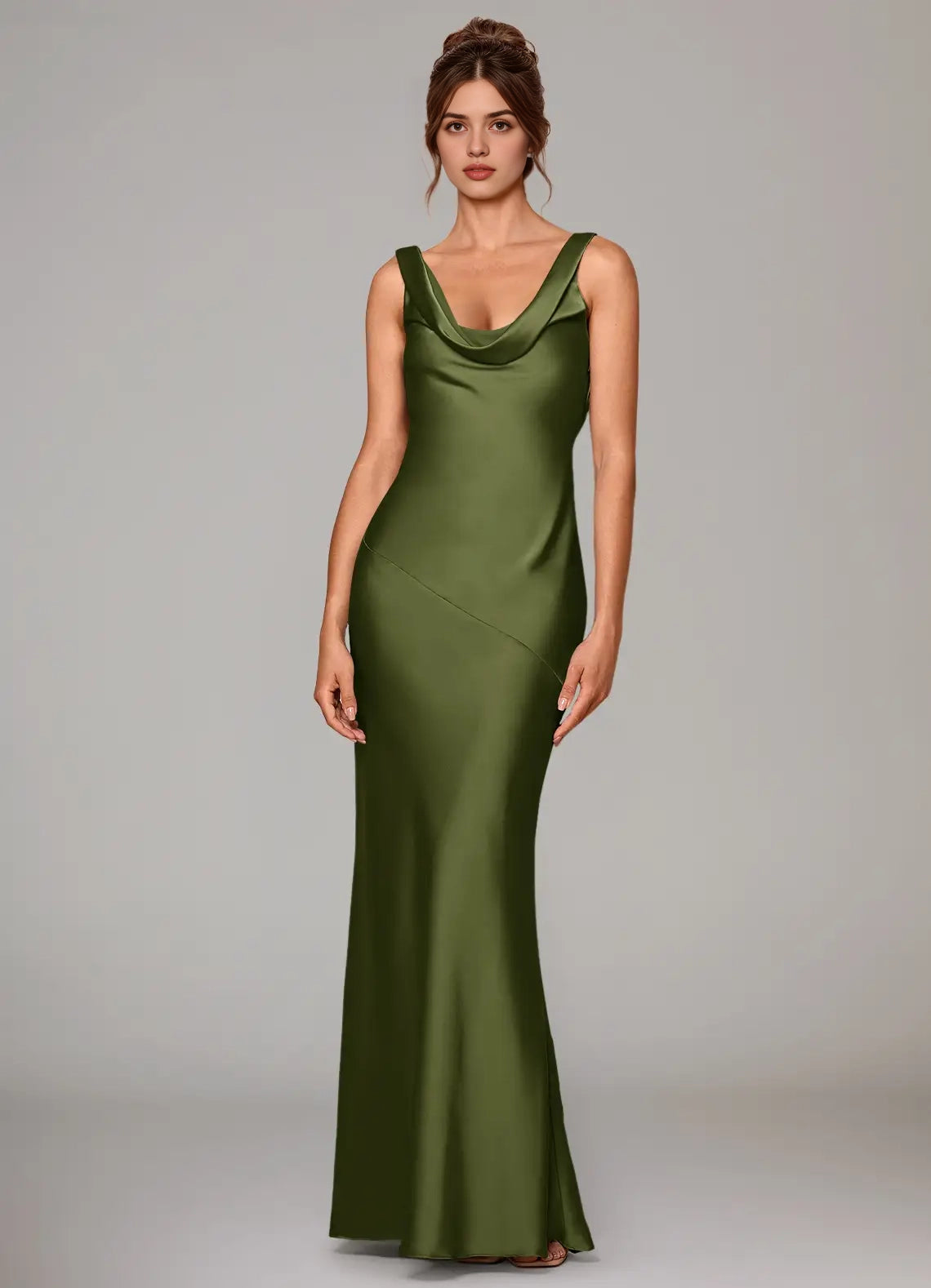 Olive Green Satin Cowl Neck Mermaid Maxi Dress Olive Mermaid Stretch Satin Dress Bridesmaid Dresses