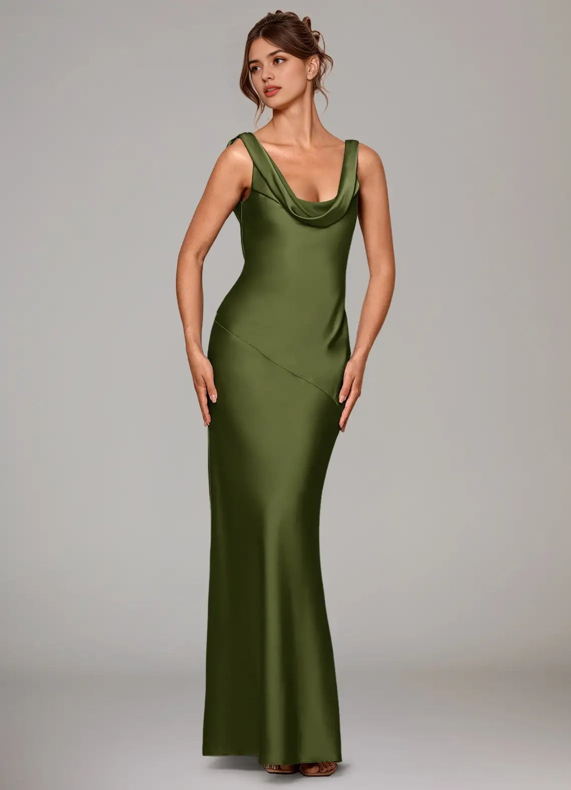 Olive Green Satin Cowl Neck Mermaid Maxi Dress Olive Mermaid Stretch Satin Dress Bridesmaid Dresses