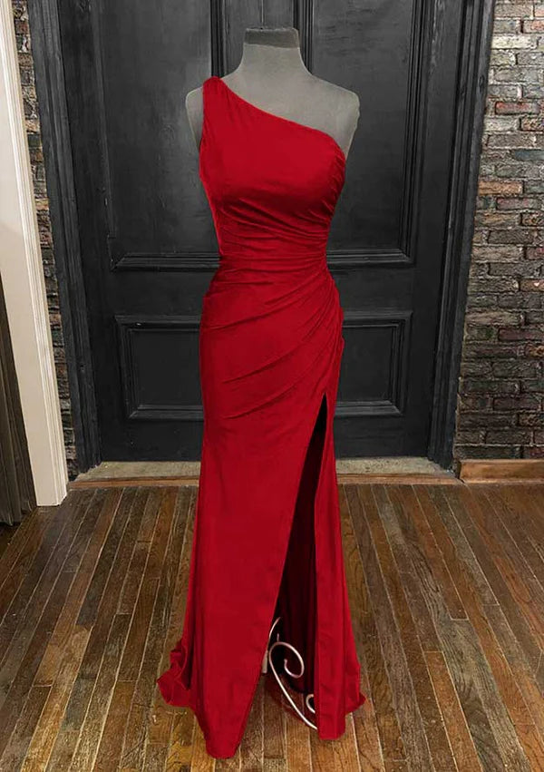 One-Shoulder Sleeveless Prom Dress/Evening Dress - Sheath/Column Jersey Long/Floor-Length with Pleated Split Sequins Simple gentle atmospheric and unique design  ﻿