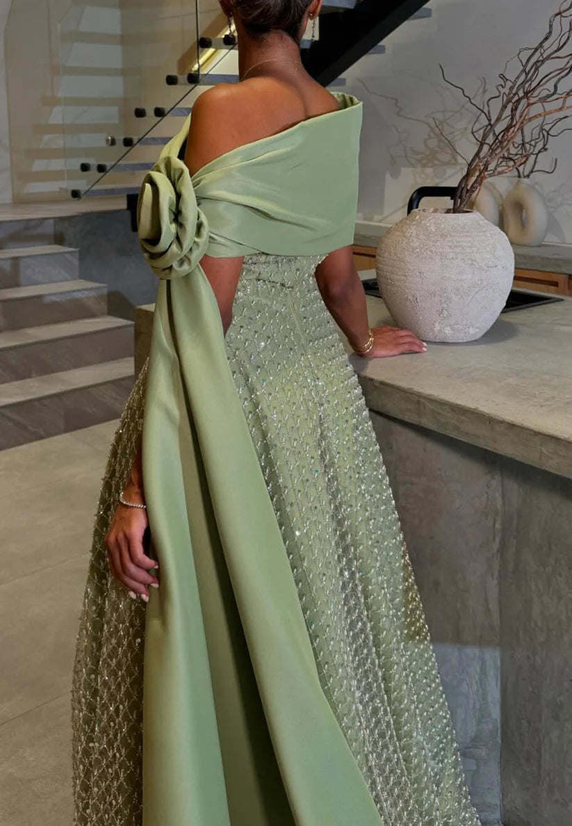 One Shoulder 3D Floral A-Line Evening Dress simple gentle atmospheric and unique desi Bring summer colors to enhance whiteness