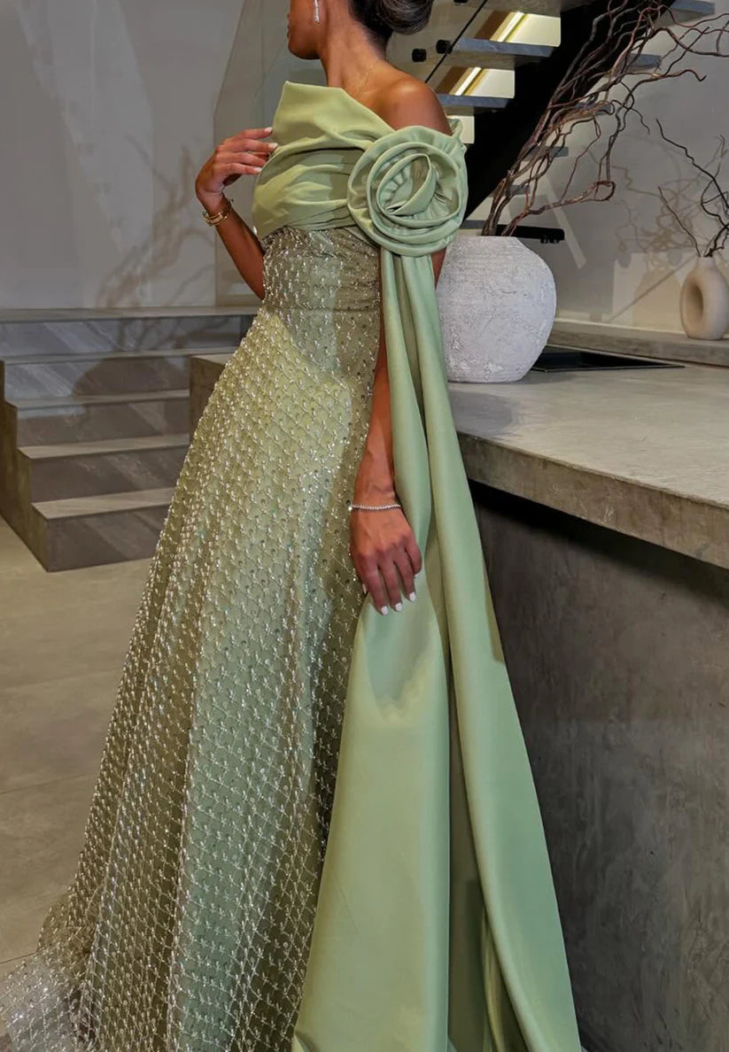 One Shoulder 3D Floral A-Line Evening Dress simple gentle atmospheric and unique desi Bring summer colors to enhance whiteness