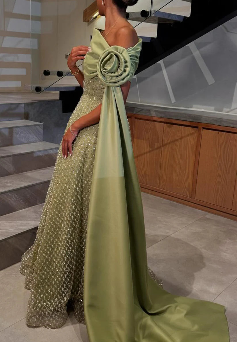 One Shoulder 3D Floral A-Line Evening Dress simple gentle atmospheric and unique desi Bring summer colors to enhance whiteness