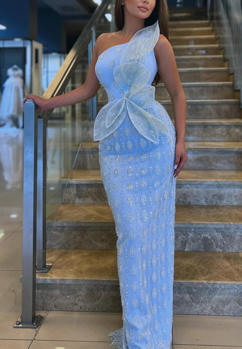 One Shoulder 3D Floral Beaded Emboridery Sheath Prom Dress simple gentle atmospheric and unique desi Bring summer colors to enhance whiteness