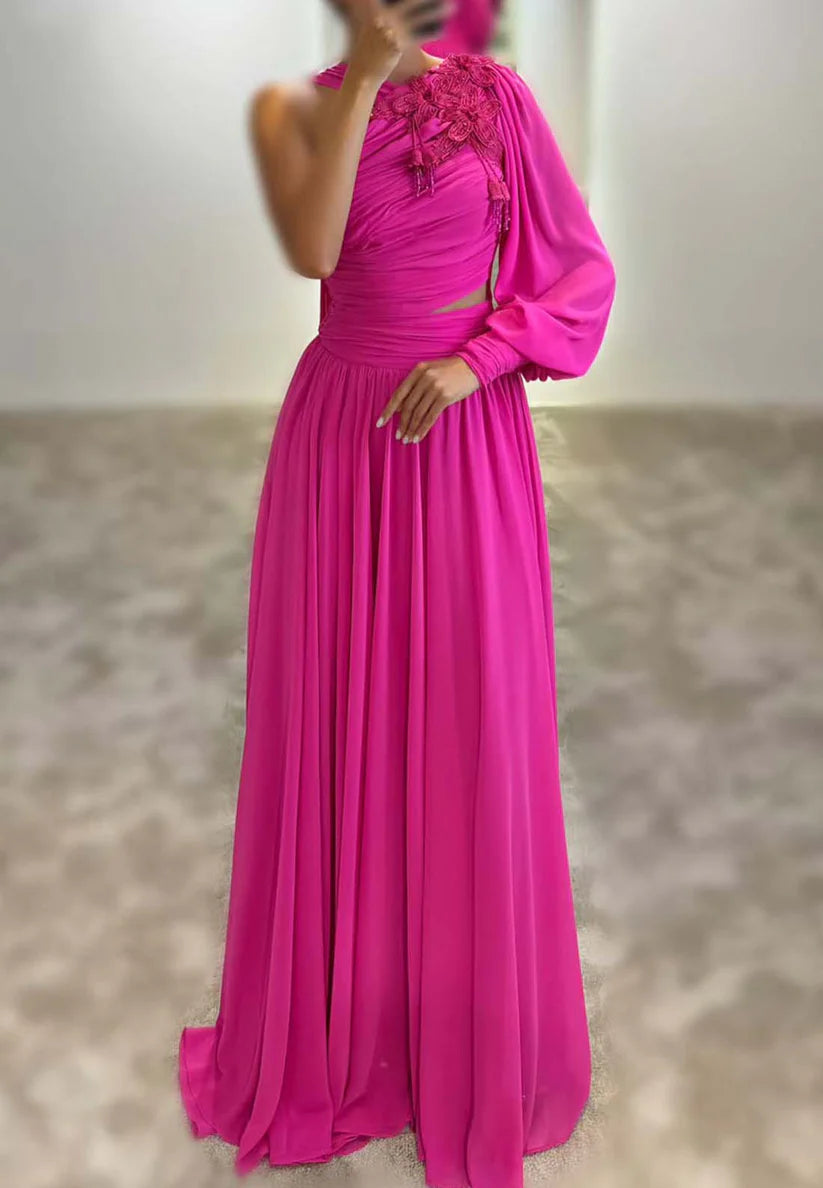 One Shoulder Appliques Pleated Chiffon A-Line Formal Dress simple gentle atmospheric and unique desi Bring summer colors to enhance whiteness