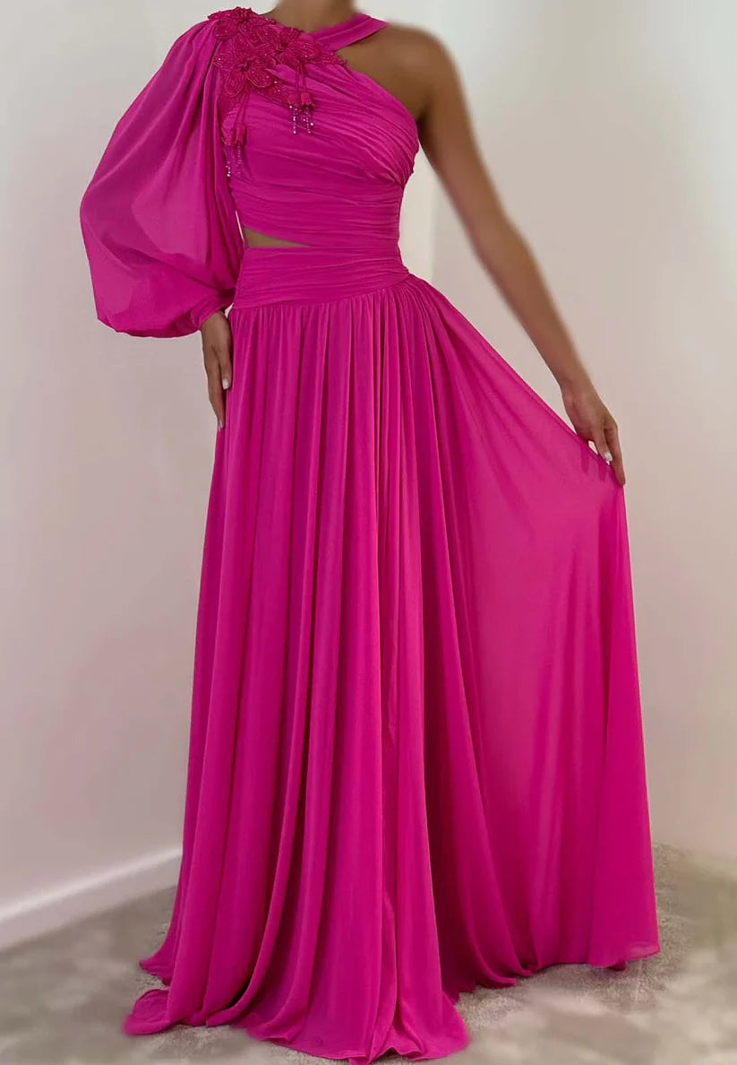 One Shoulder Appliques Pleated Chiffon A-Line Formal Dress simple gentle atmospheric and unique desi Bring summer colors to enhance whiteness