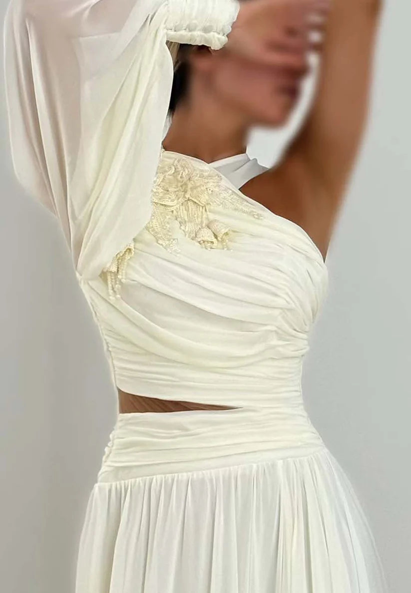 One Shoulder Appliques Pleated Chiffon A-Line Formal Dress simple gentle atmospheric and unique desi Bring summer colors to enhance whiteness