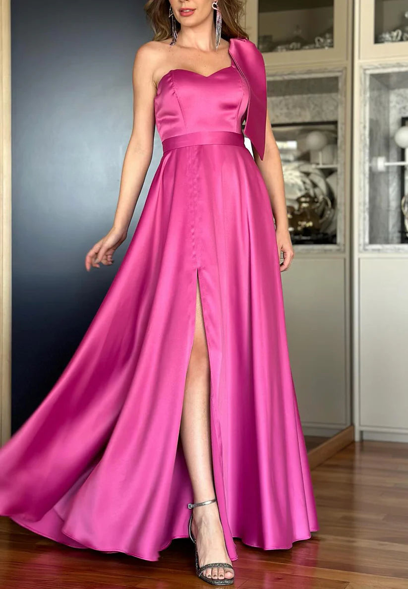 One Shoulder Bowknot Pleated Sleek Side Slit A-Line Evening Dress simple gentle atmospheric and unique desi Bring summer colors to enhance whiteness