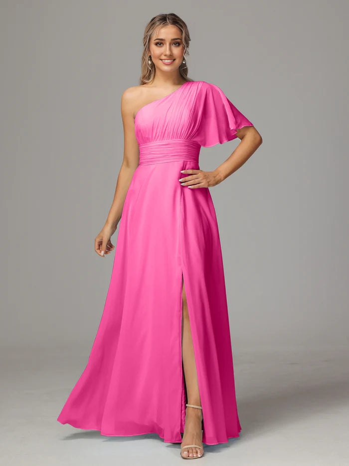 One Shoulder Chiffon Bridesmaid Dresses With Slit simple gentle atmospheric and unique desi Bring summer colors to enhance whiteness