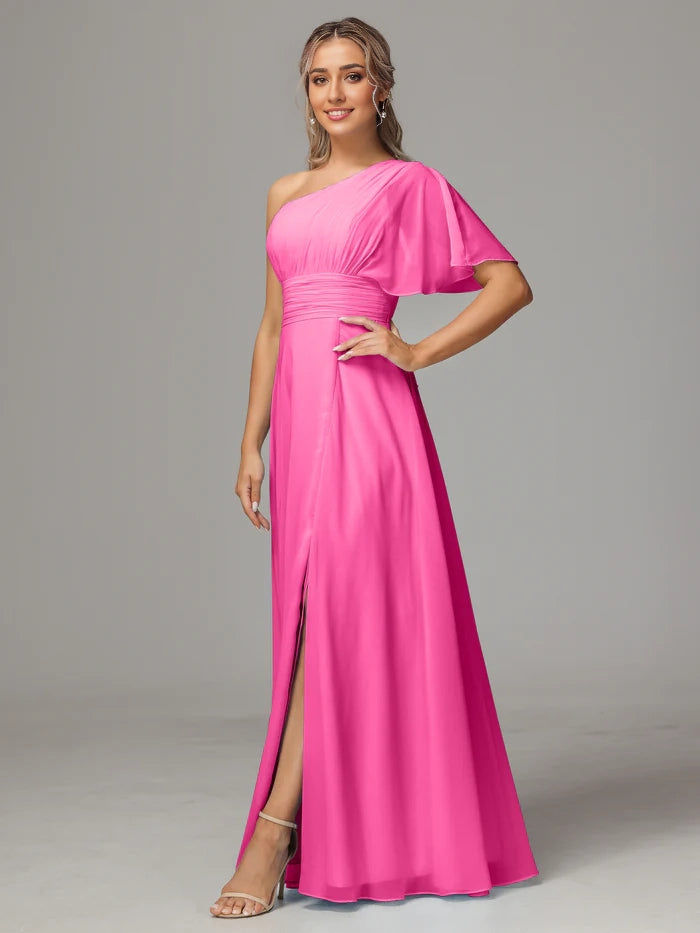 One Shoulder Chiffon Bridesmaid Dresses With Slit simple gentle atmospheric and unique desi Bring summer colors to enhance whiteness