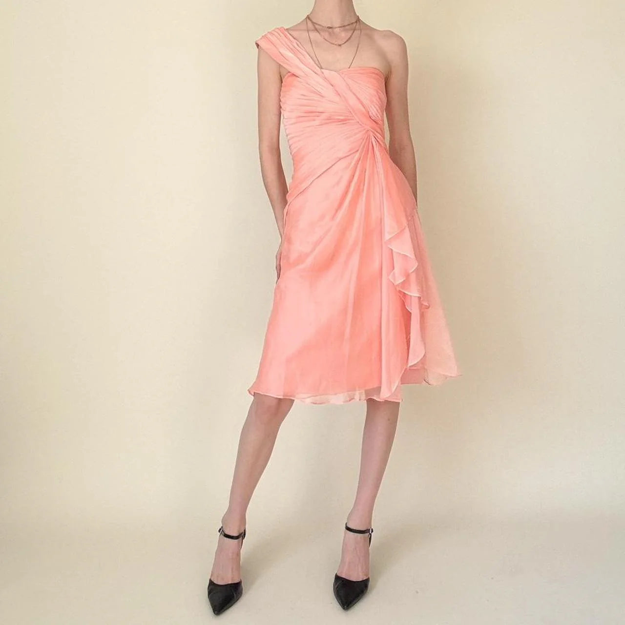 One Shoulder Dress Ruffled Layered Detail Y2K Coral Pink Prom Homecoming Dress simple gentle atmospheric and unique desi Bring summer colors to enhance whiteness