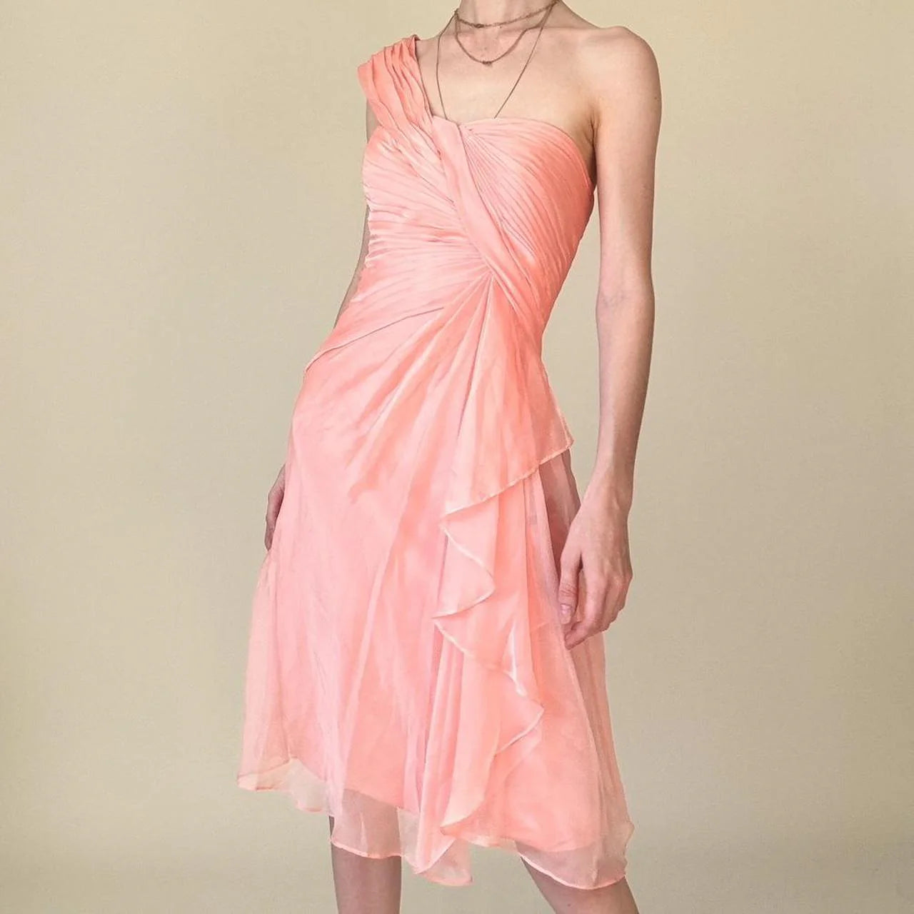 One Shoulder Dress Ruffled Layered Detail Y2K Coral Pink Prom Homecoming Dress simple gentle atmospheric and unique desi Bring summer colors to enhance whiteness